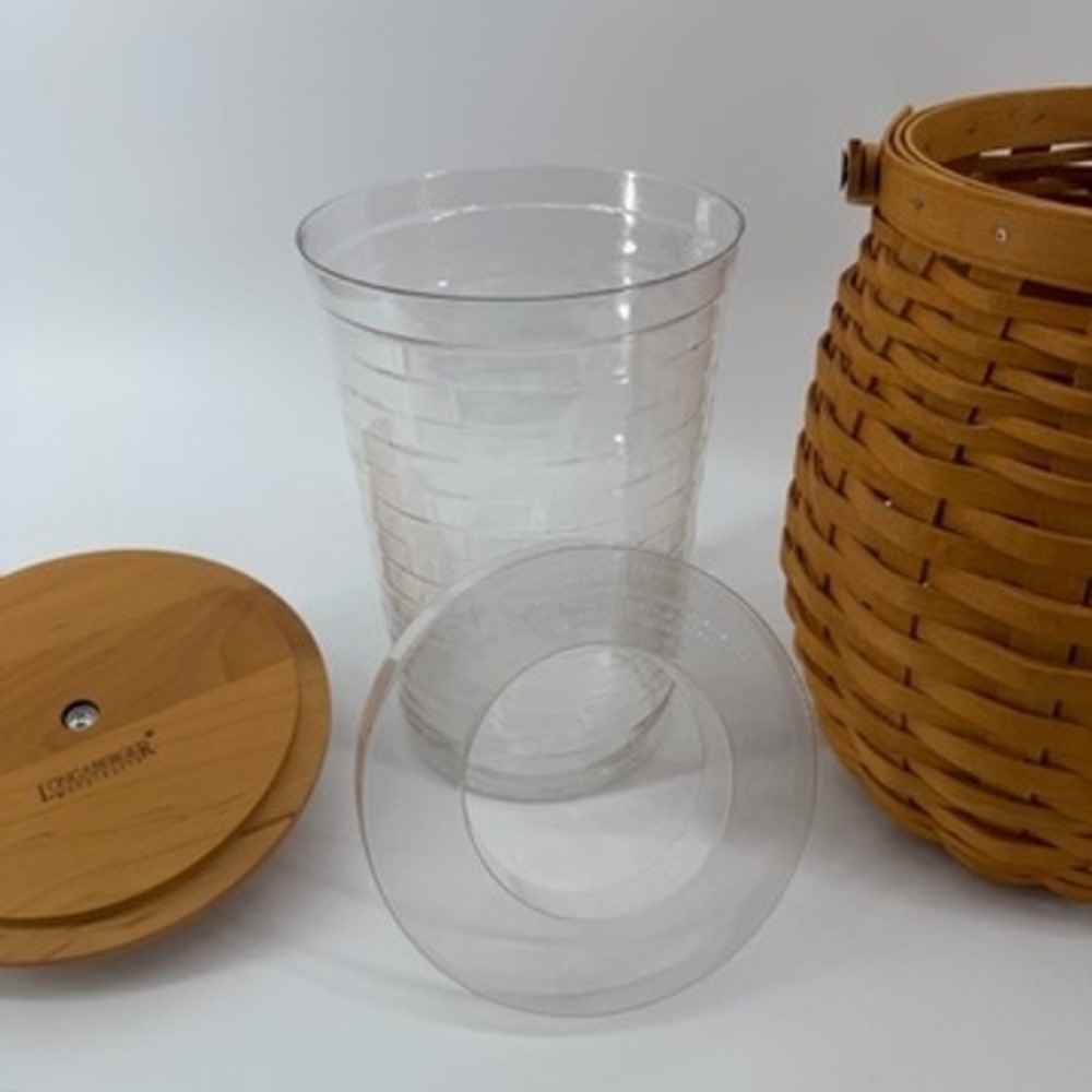 Longaberger Woodcrafts Woven Barrel Basket with Wood Lid and Metal Leaf Handle - Picture 8 of 11